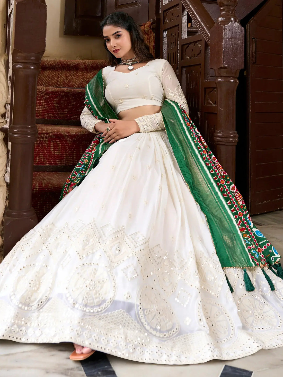 Stylish Off-White Lucknowi Work Georgette Lehenga Choli With Green Dupatta - Zeel Clothing