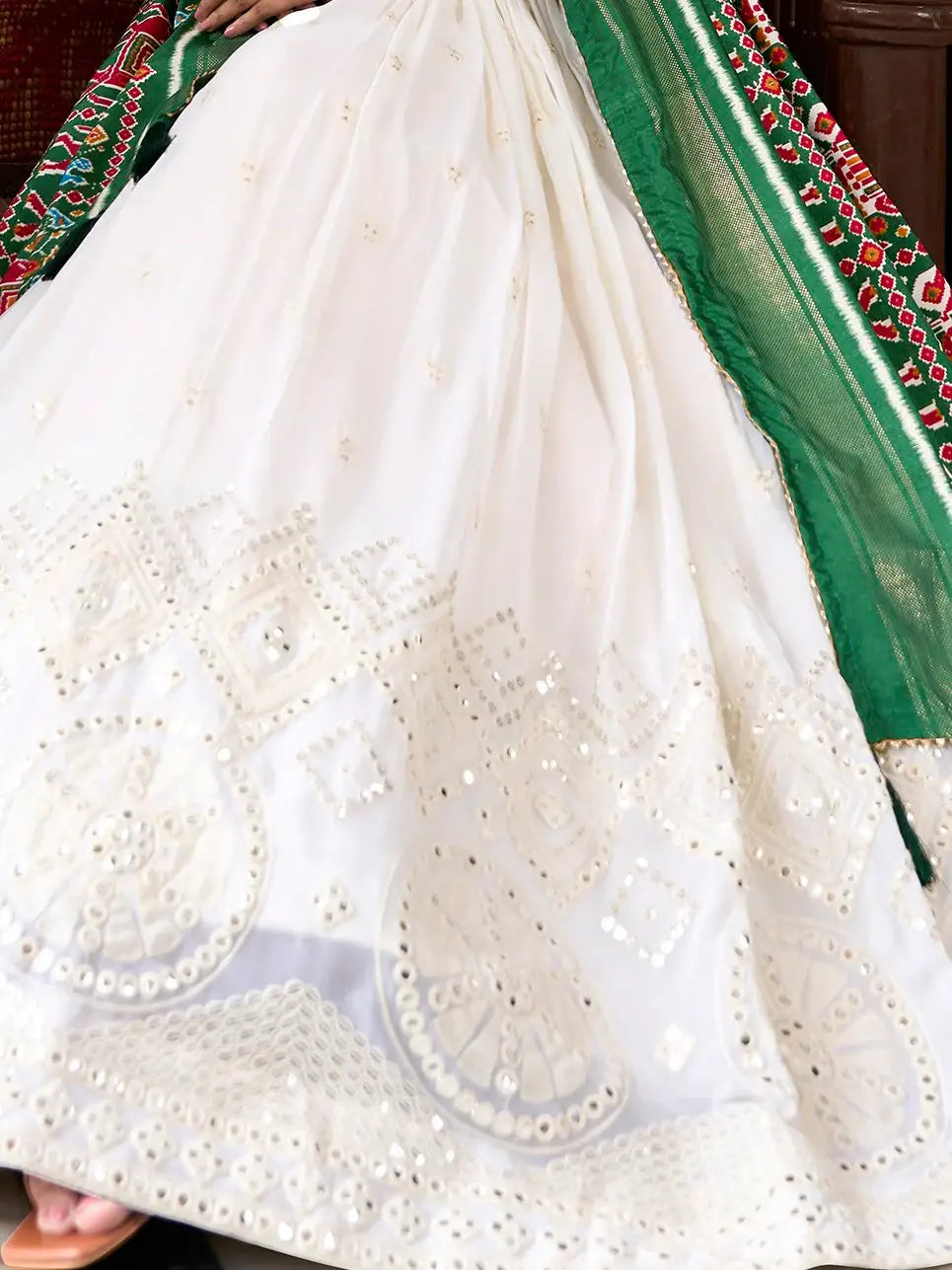 Stylish Off-White Lucknowi Work Georgette Lehenga Choli With Green Dupatta - Zeel Clothing