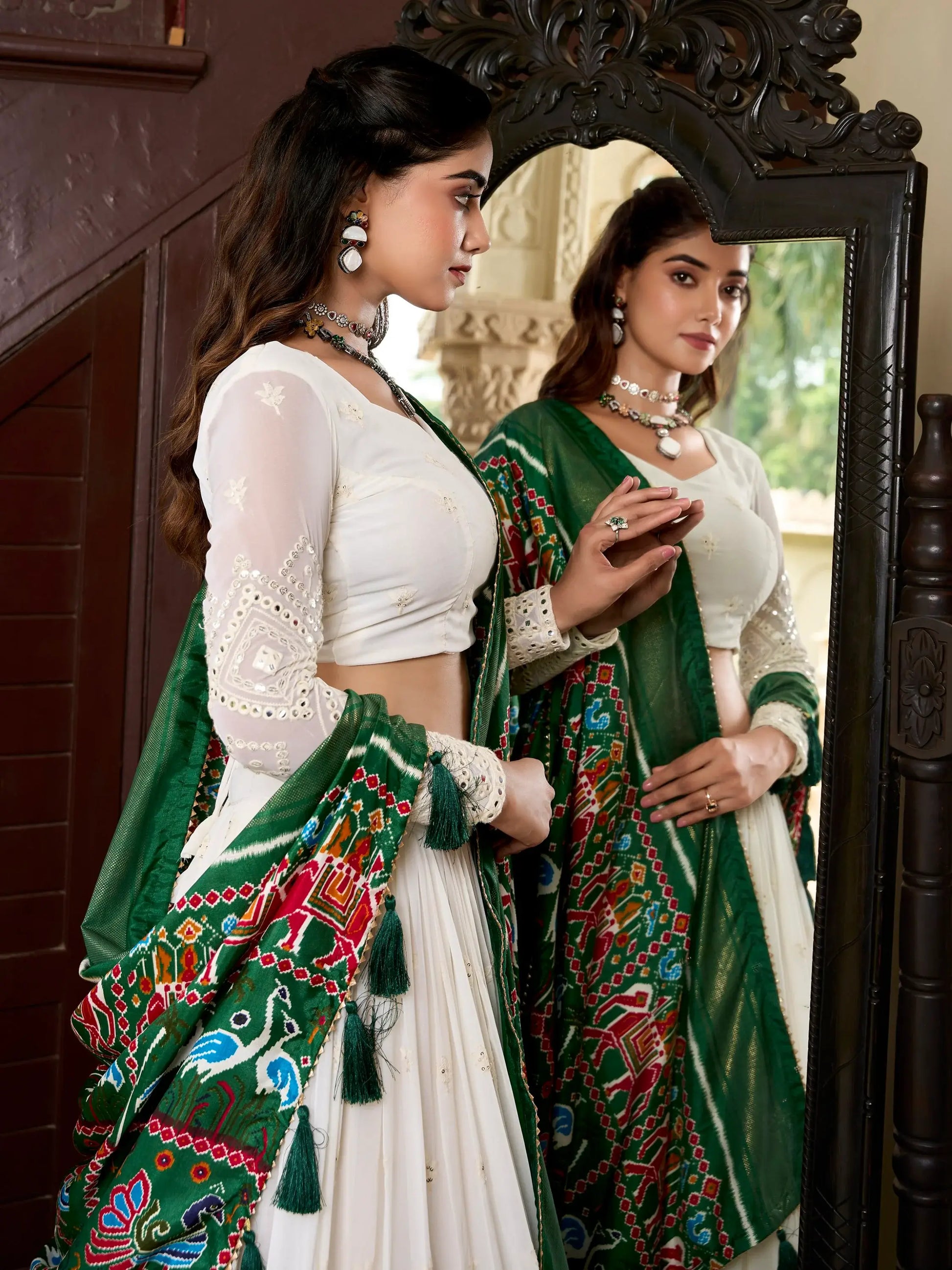 Stylish Off-White Lucknowi Work Georgette Lehenga Choli With Green Dupatta - Zeel Clothing