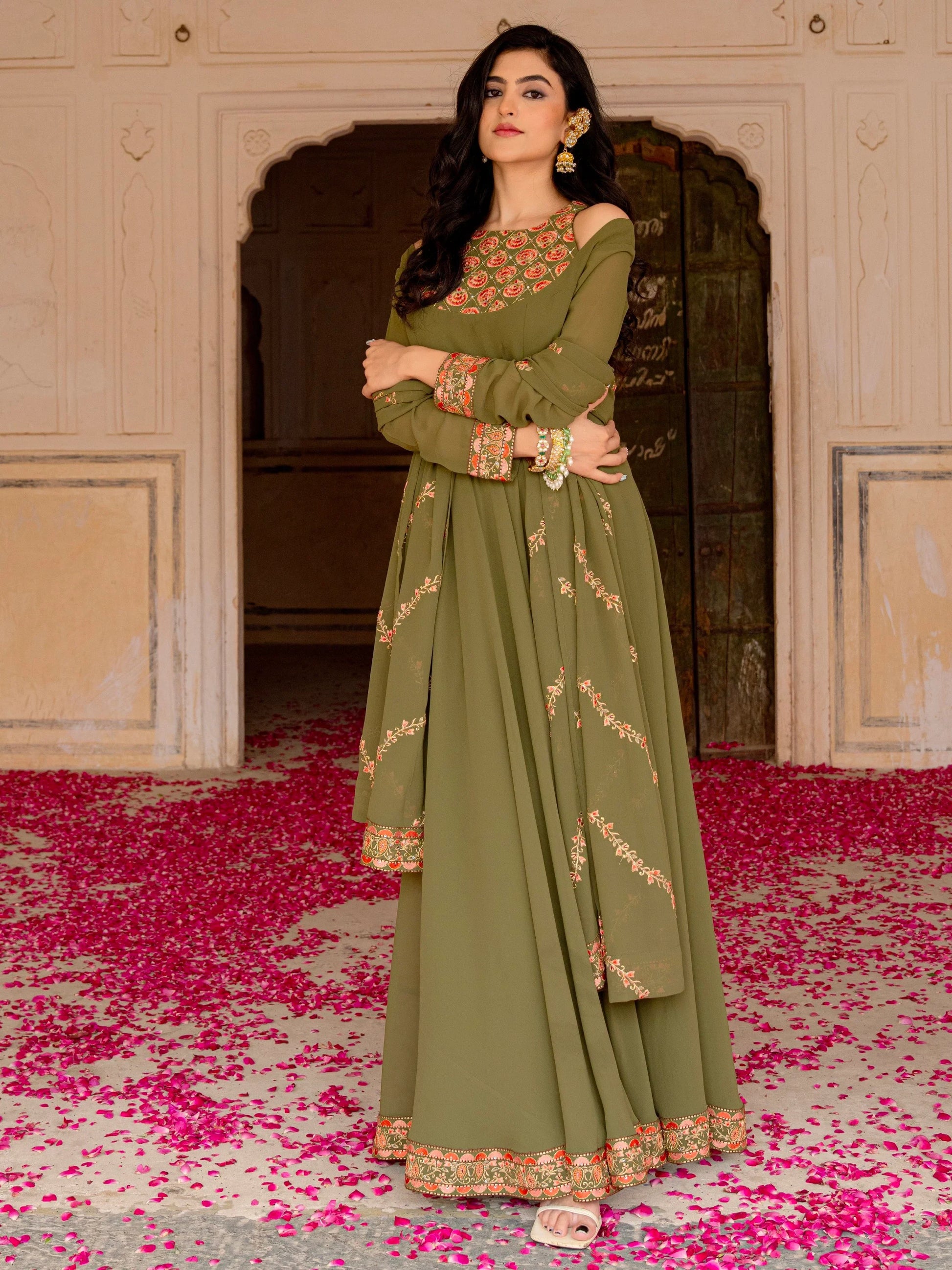 Stylish Olive Green Embroidered Georgette Mehendi Wear Gown With Dupatta