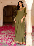 Stylish Olive Green Embroidered Georgette Mehendi Wear Gown With Dupatta