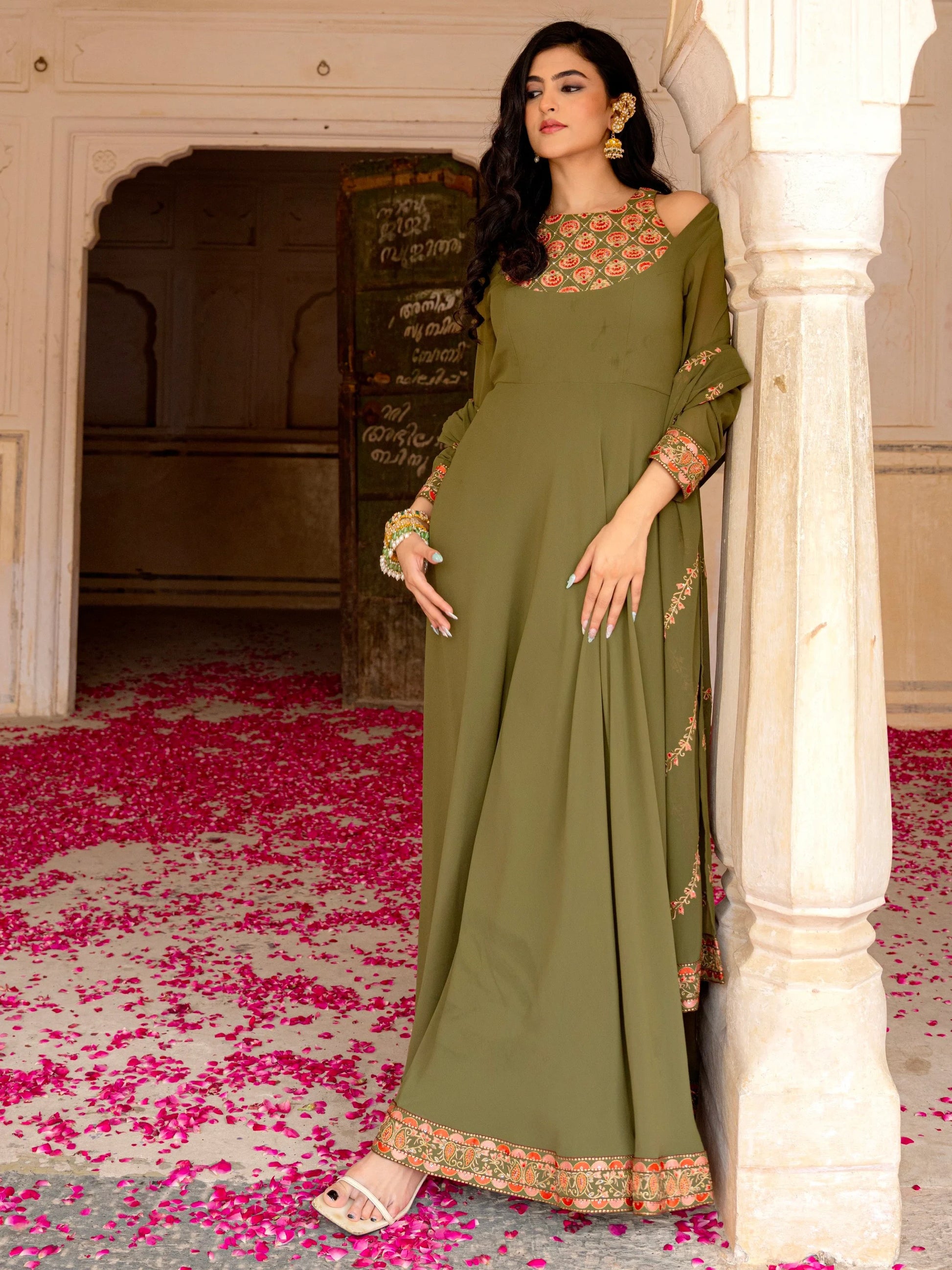 Stylish Olive Green Embroidered Georgette Mehendi Wear Gown With Dupatta