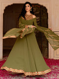 Stylish Olive Green Embroidered Georgette Mehendi Wear Gown With Dupatta