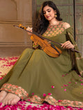 Stylish Olive Green Embroidered Georgette Mehendi Wear Gown With Dupatta