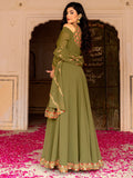 Stylish Olive Green Embroidered Georgette Mehendi Wear Gown With Dupatta