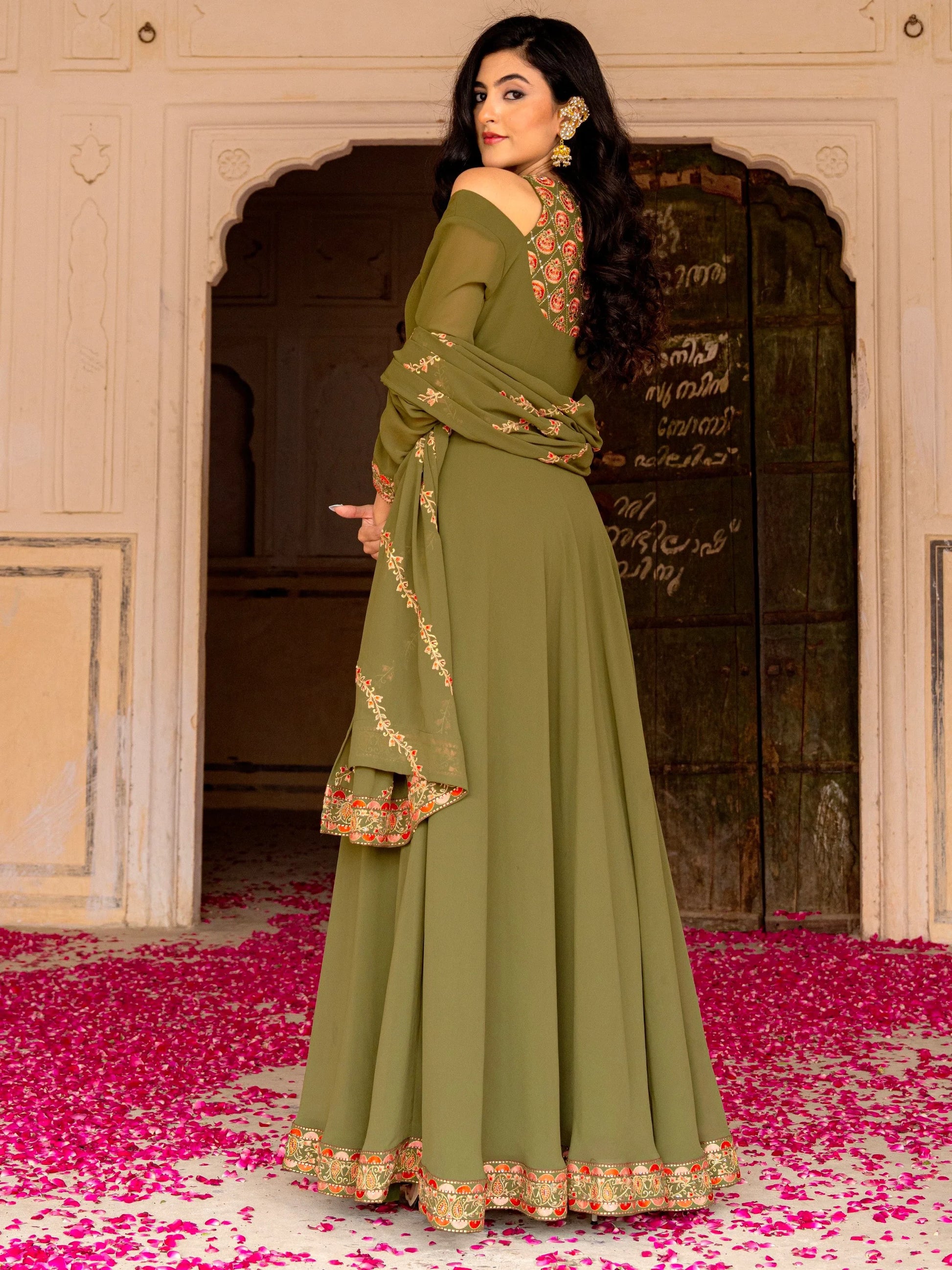 Stylish Olive Green Embroidered Georgette Mehendi Wear Gown With Dupatta