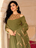 Stylish Olive Green Embroidered Georgette Mehendi Wear Gown With Dupatta