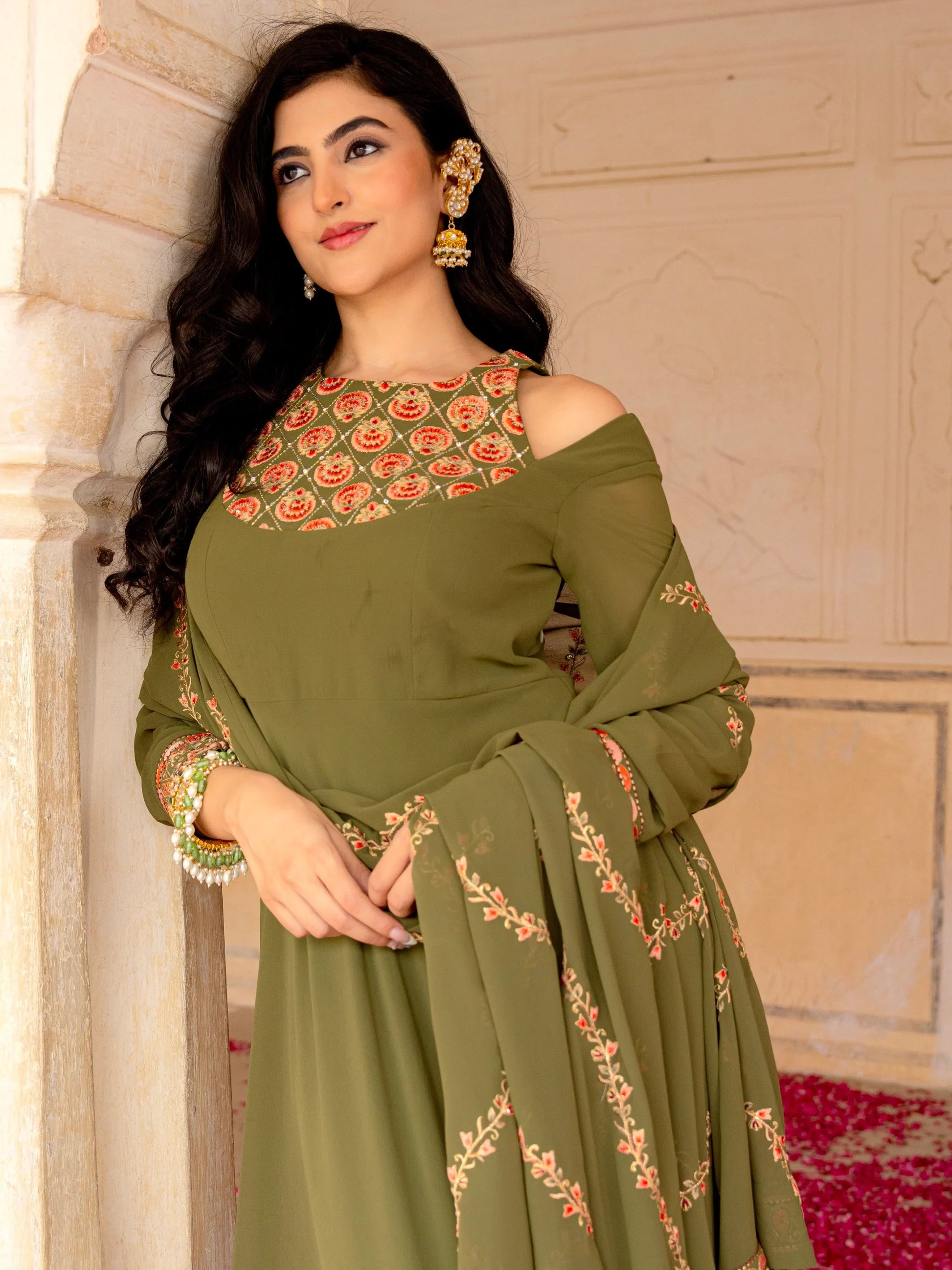 Stylish Olive Green Embroidered Georgette Mehendi Wear Gown With Dupatta