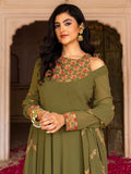 Stylish Olive Green Embroidered Georgette Mehendi Wear Gown With Dupatta