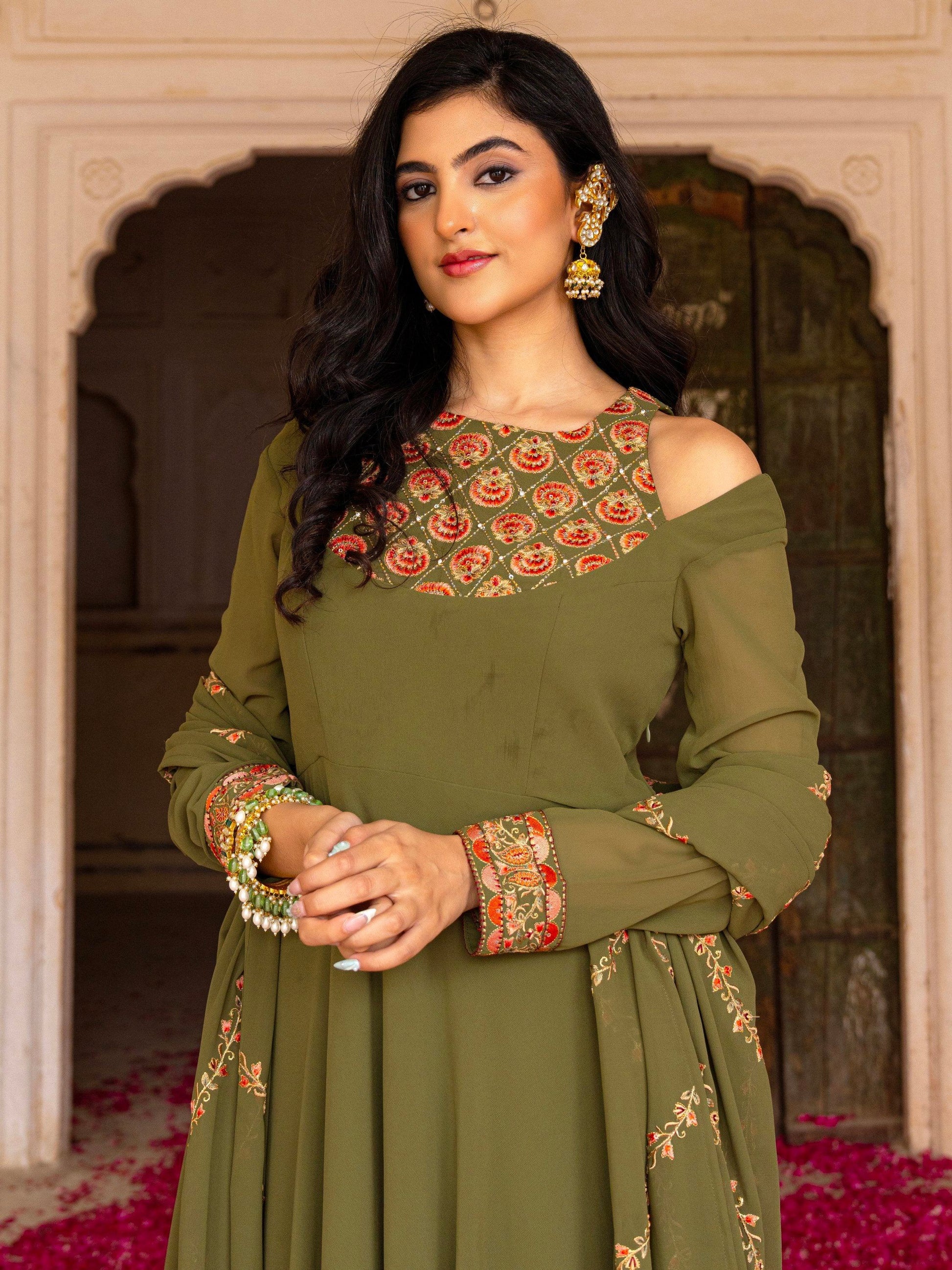 Stylish Olive Green Embroidered Georgette Mehendi Wear Gown With Dupatta