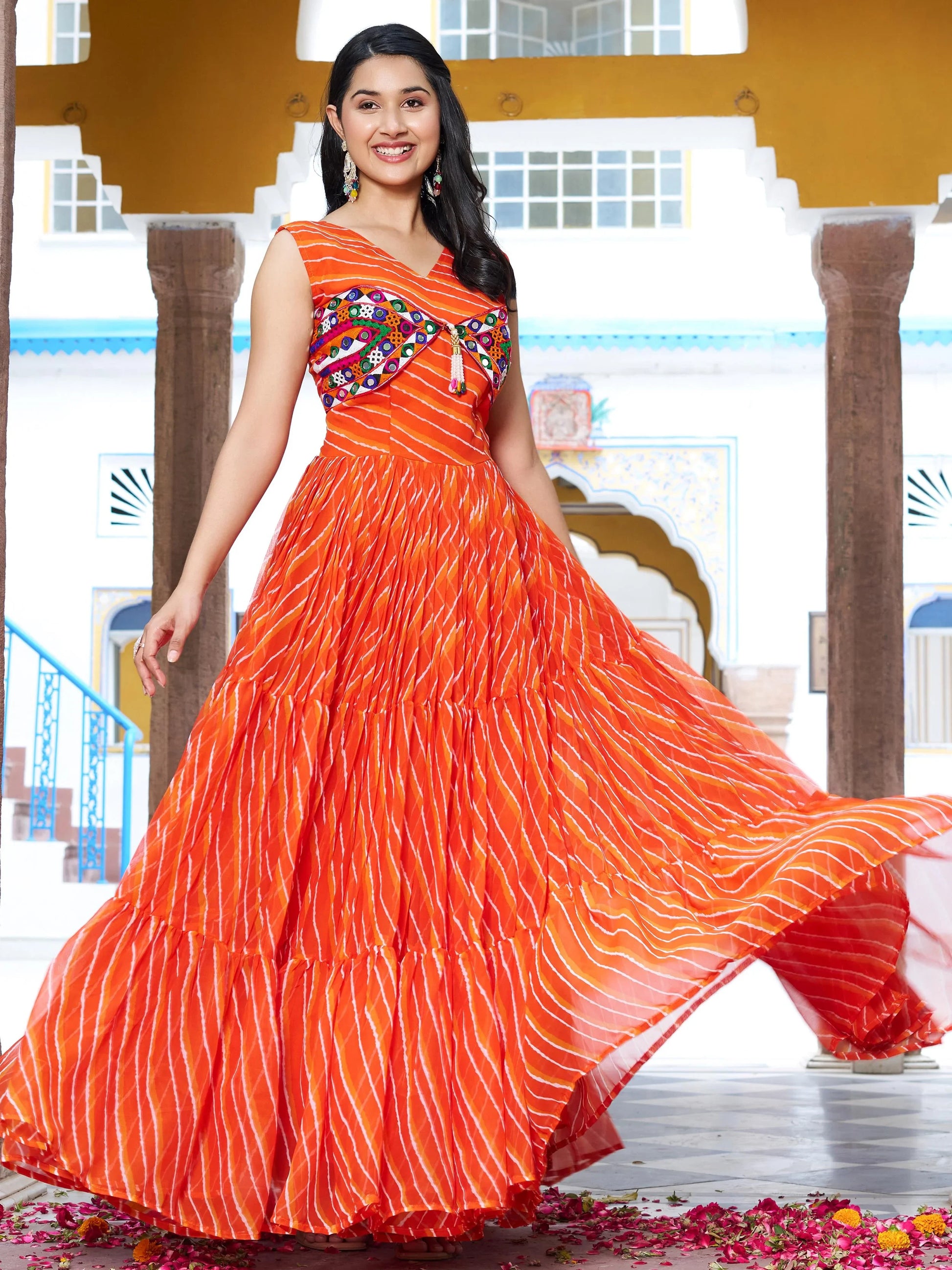 Stylish Orange Leheriya Printed Georgette Festive Wear Gown - Zeel Clothing