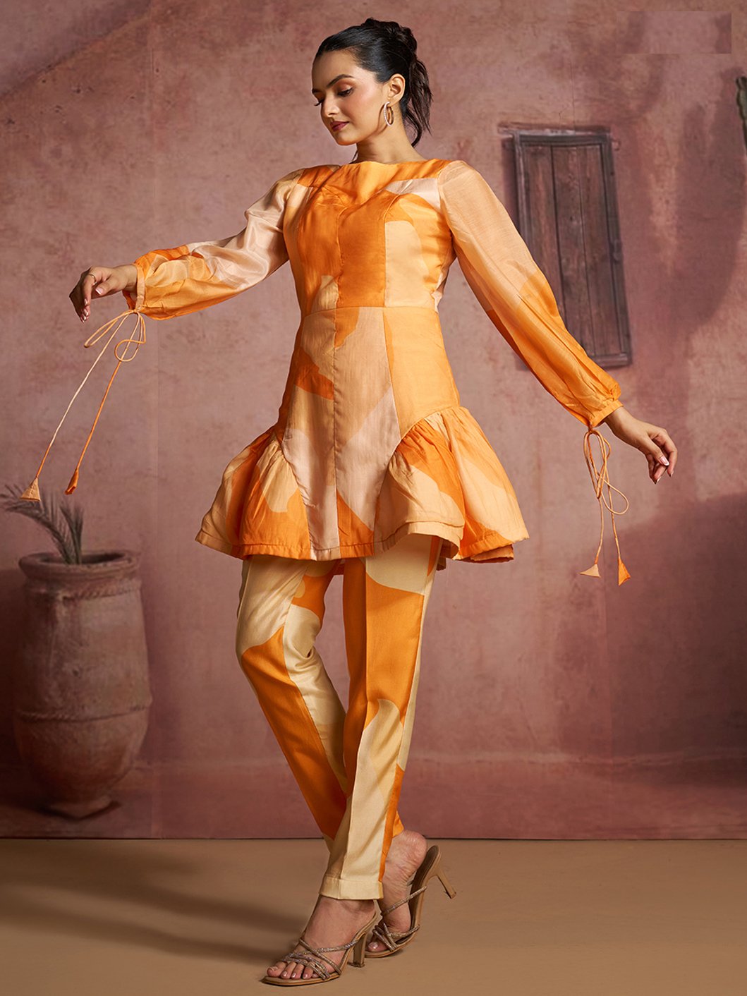 Stylish Orange Printed Muslin Silk Designer Peplum Co-Ord Set