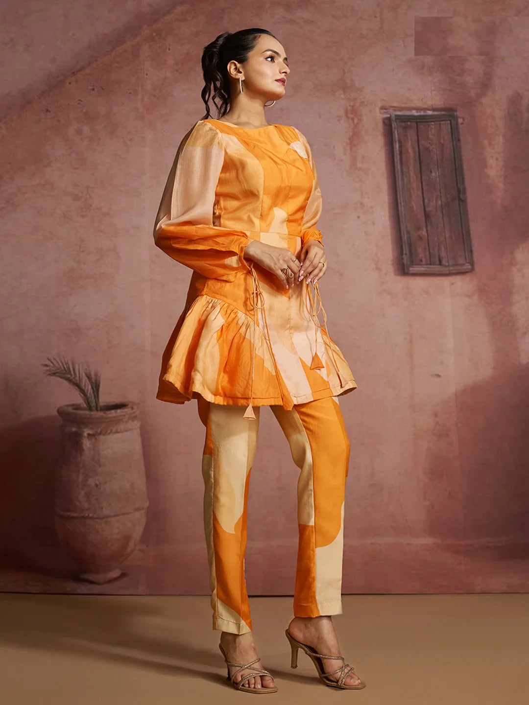 Stylish Orange Printed Muslin Silk Designer Peplum Co-Ord Set