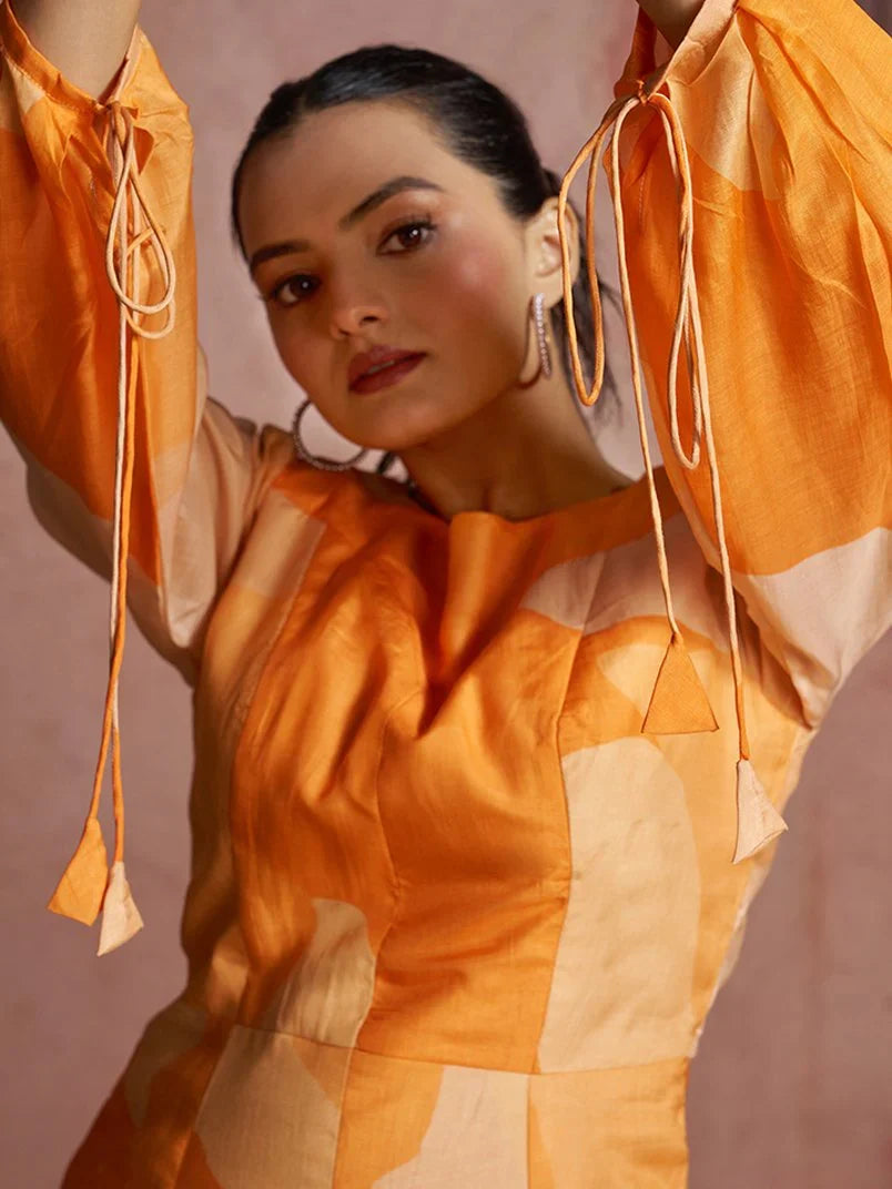 Stylish Orange Printed Muslin Silk Designer Peplum Co-Ord Set