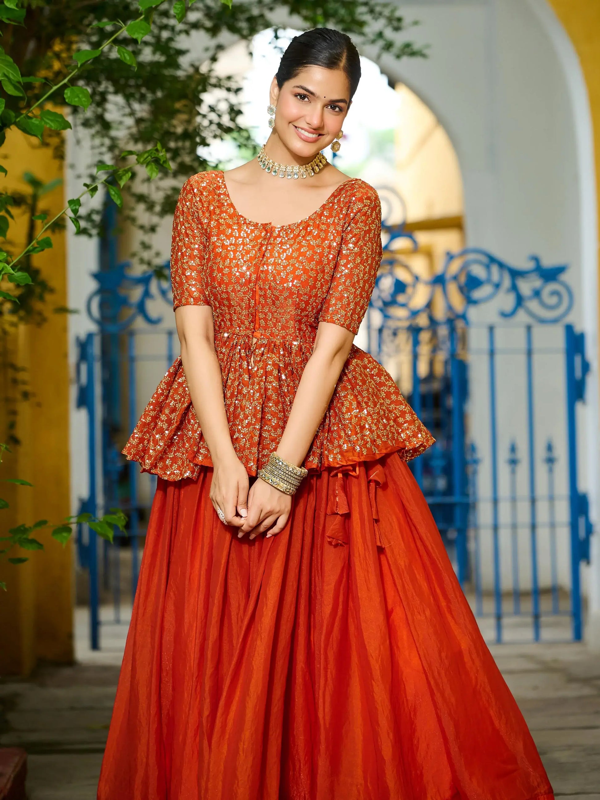 Stylish Orange Silk Event Wear Lehenga With Sequins Peplum Top - Zeel Clothing