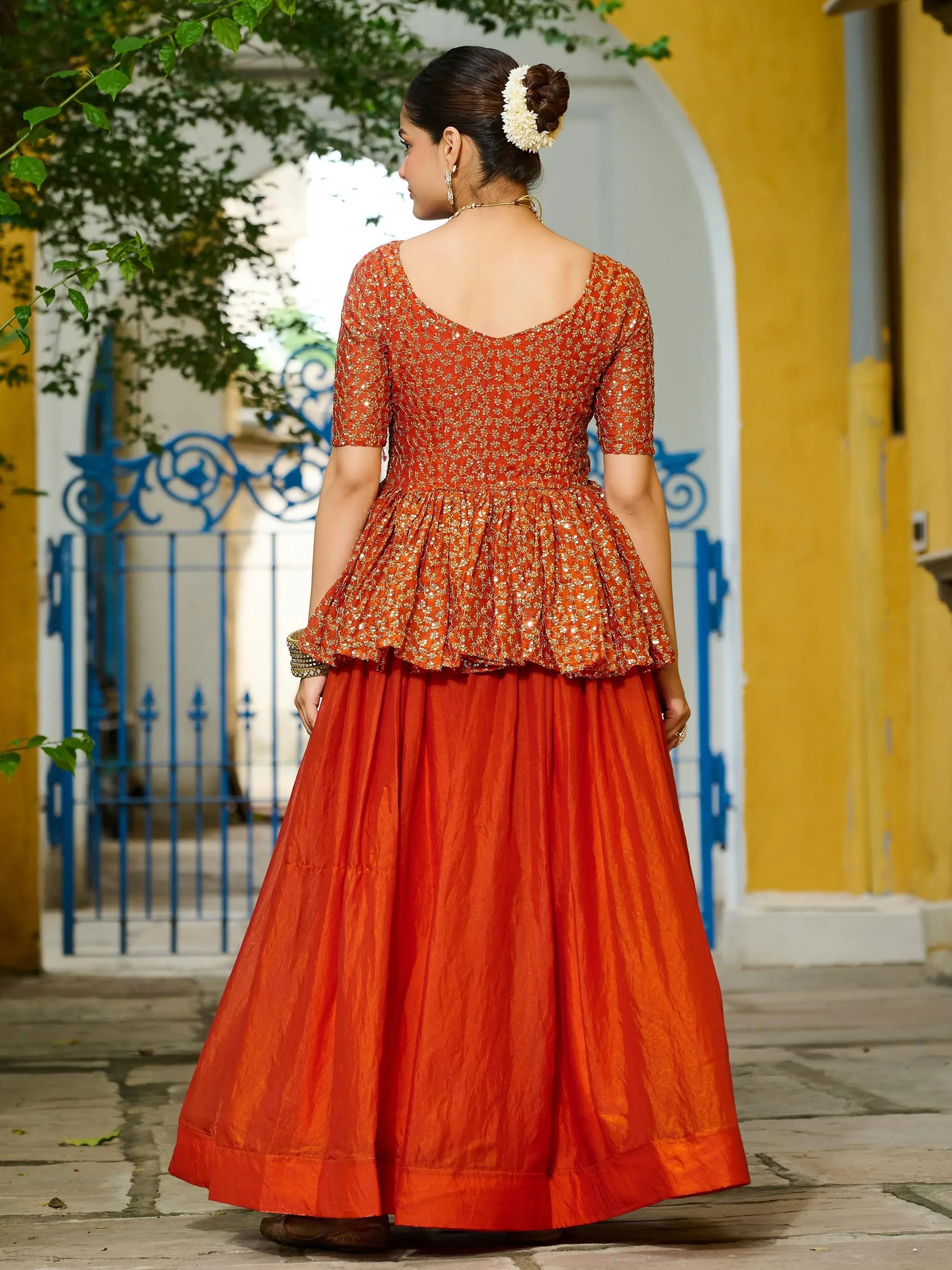 Stylish Orange Silk Event Wear Lehenga With Sequins Peplum Top - Zeel Clothing