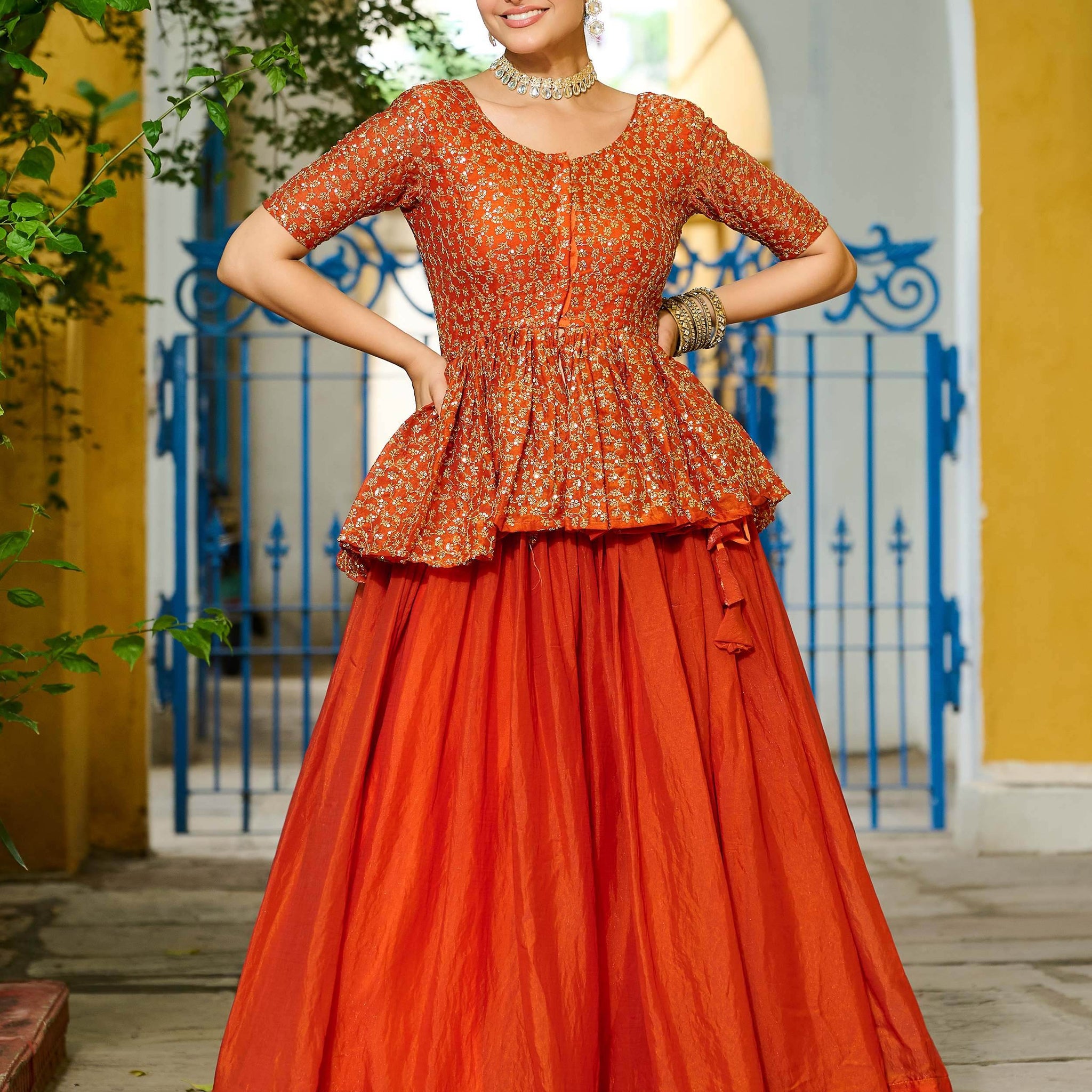 Stylish Orange Silk Event Wear Lehenga With Sequins Peplum Top - Zeel Clothing