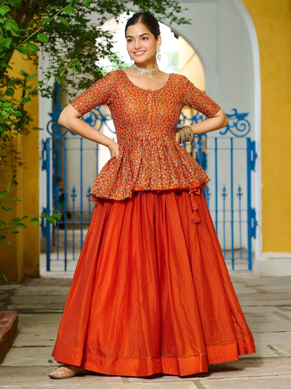 Stylish Orange Silk Event Wear Lehenga With Sequins Peplum Top - Zeel Clothing