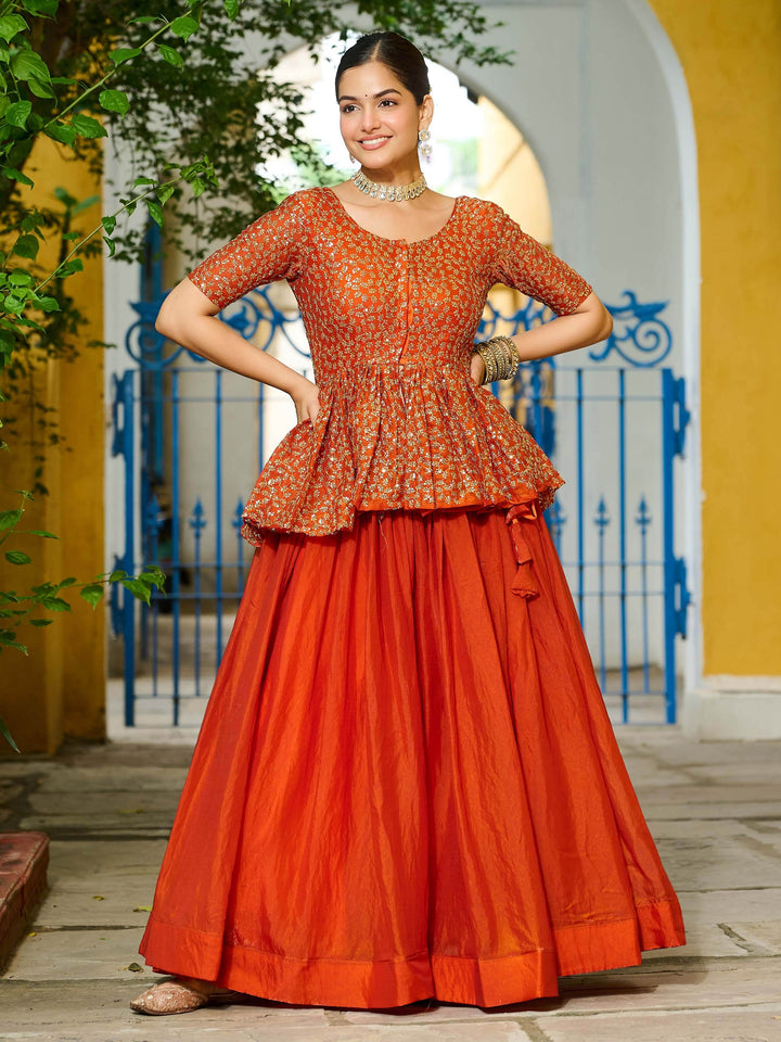 Stylish Orange Silk Event Wear Lehenga With Sequins Peplum Top - Zeel Clothing
