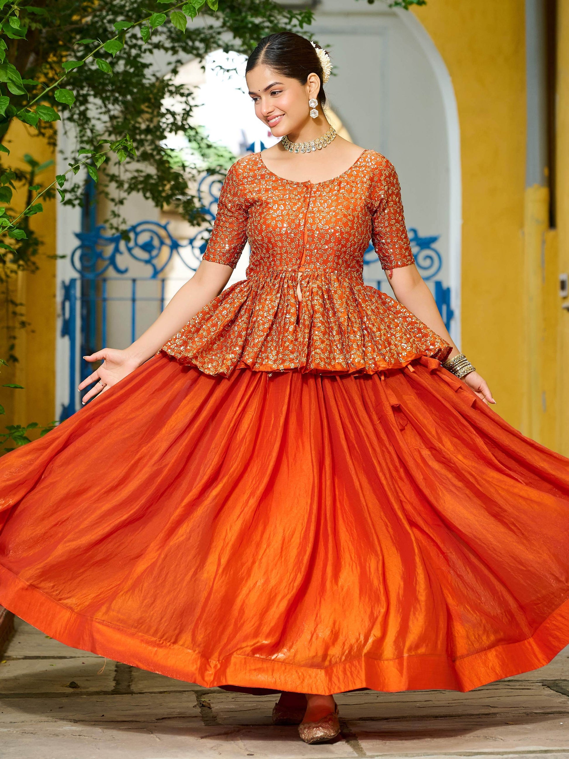 Stylish Orange Silk Event Wear Lehenga With Sequins Peplum Top - Zeel Clothing
