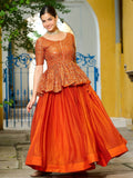 Stylish Orange Silk Event Wear Lehenga With Sequins Peplum Top - Zeel Clothing