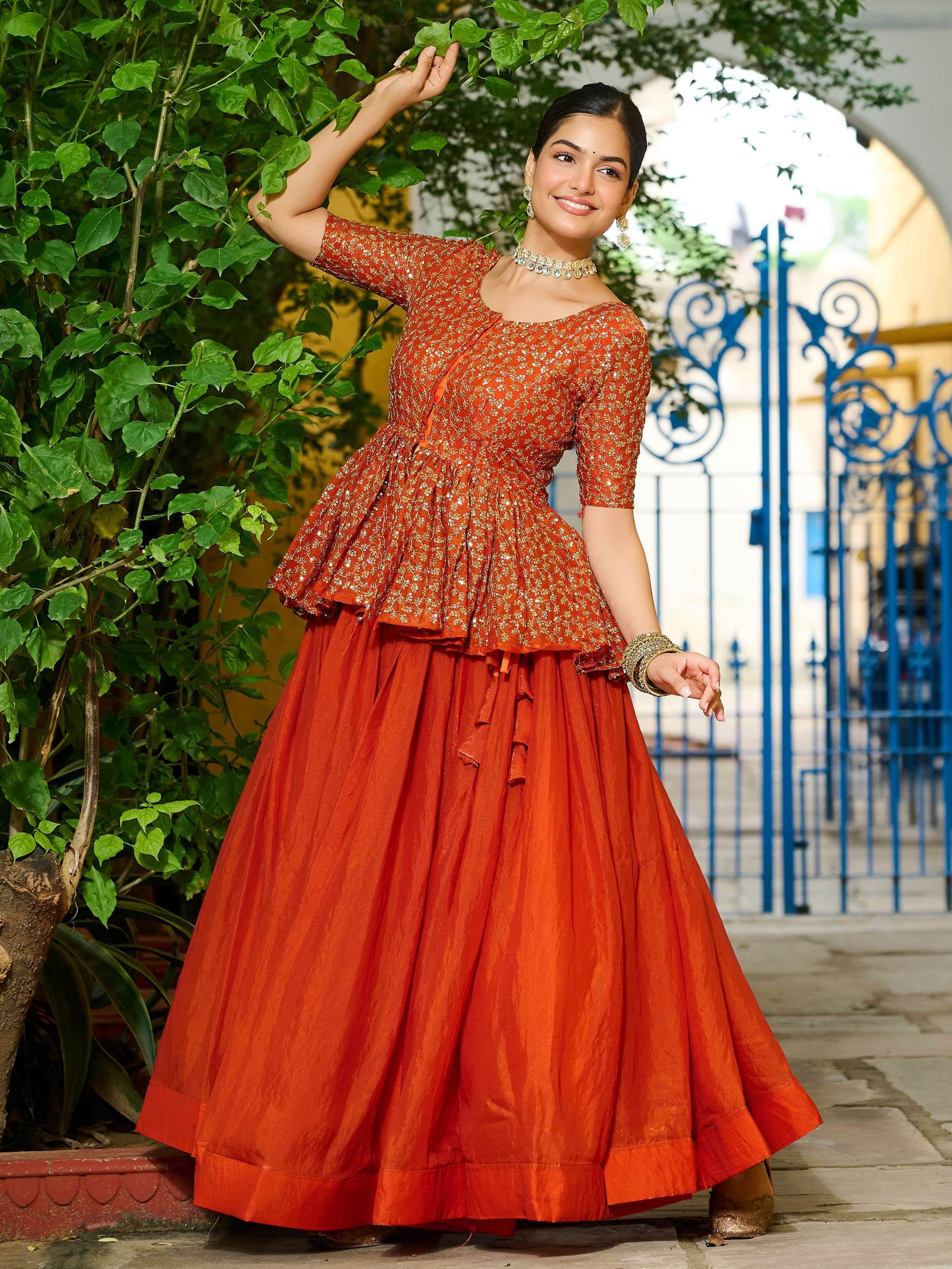 Stylish Orange Silk Event Wear Lehenga With Sequins Peplum Top - Zeel Clothing