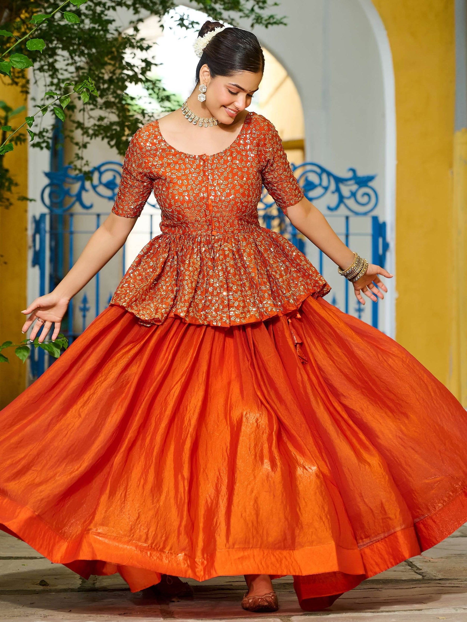 Stylish Orange Silk Event Wear Lehenga With Sequins Peplum Top - Zeel Clothing