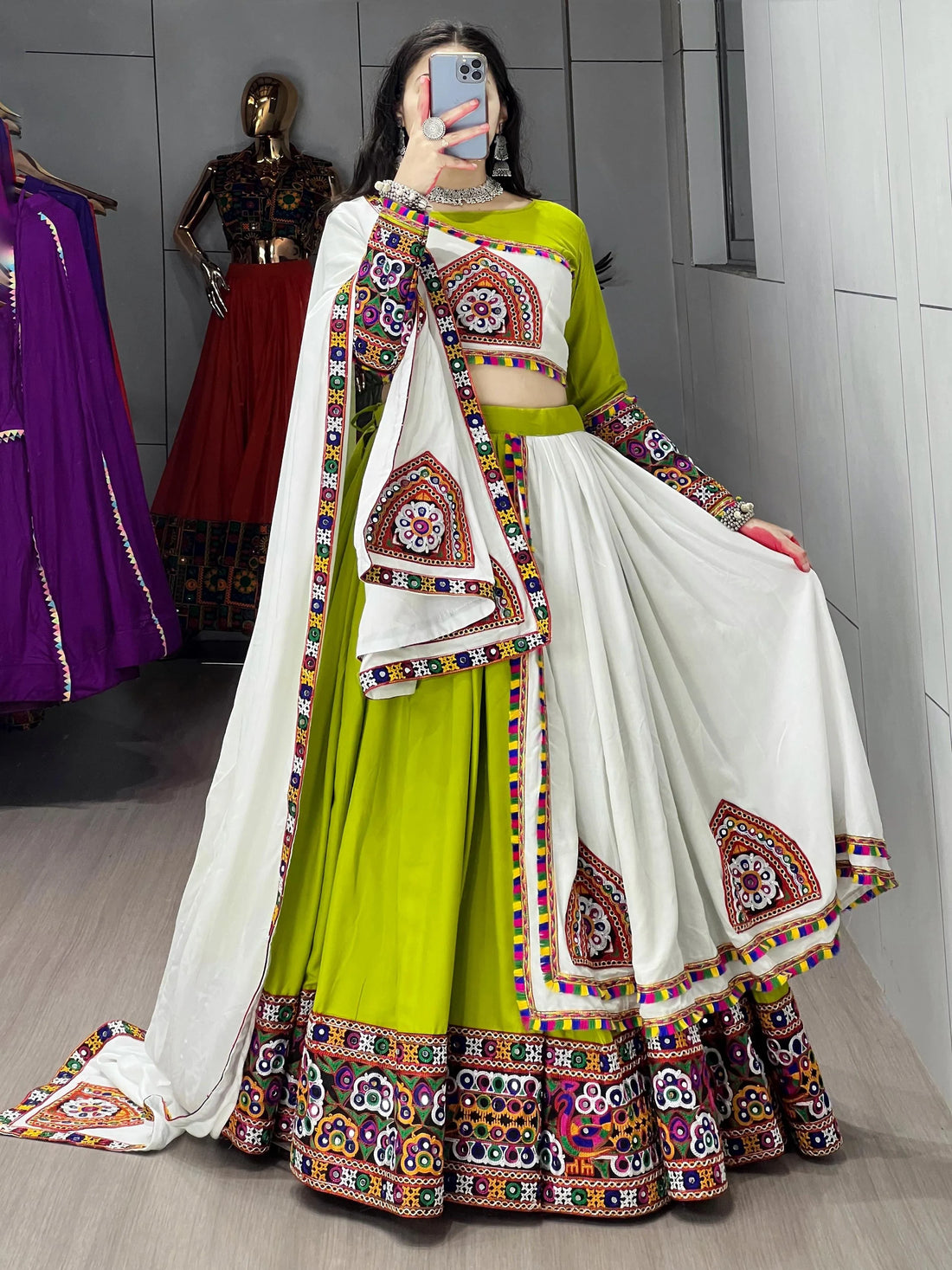 Stylish Parrot Green Gamthi Work Cotton Navratri Special Lehenga With Blouse - Zeel Clothing