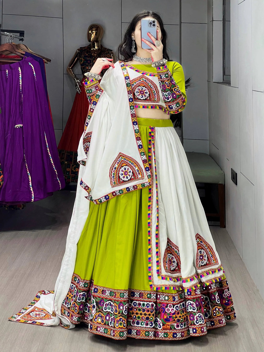 Stylish Parrot Green Gamthi Work Cotton Navratri Special Lehenga With Blouse - Zeel Clothing