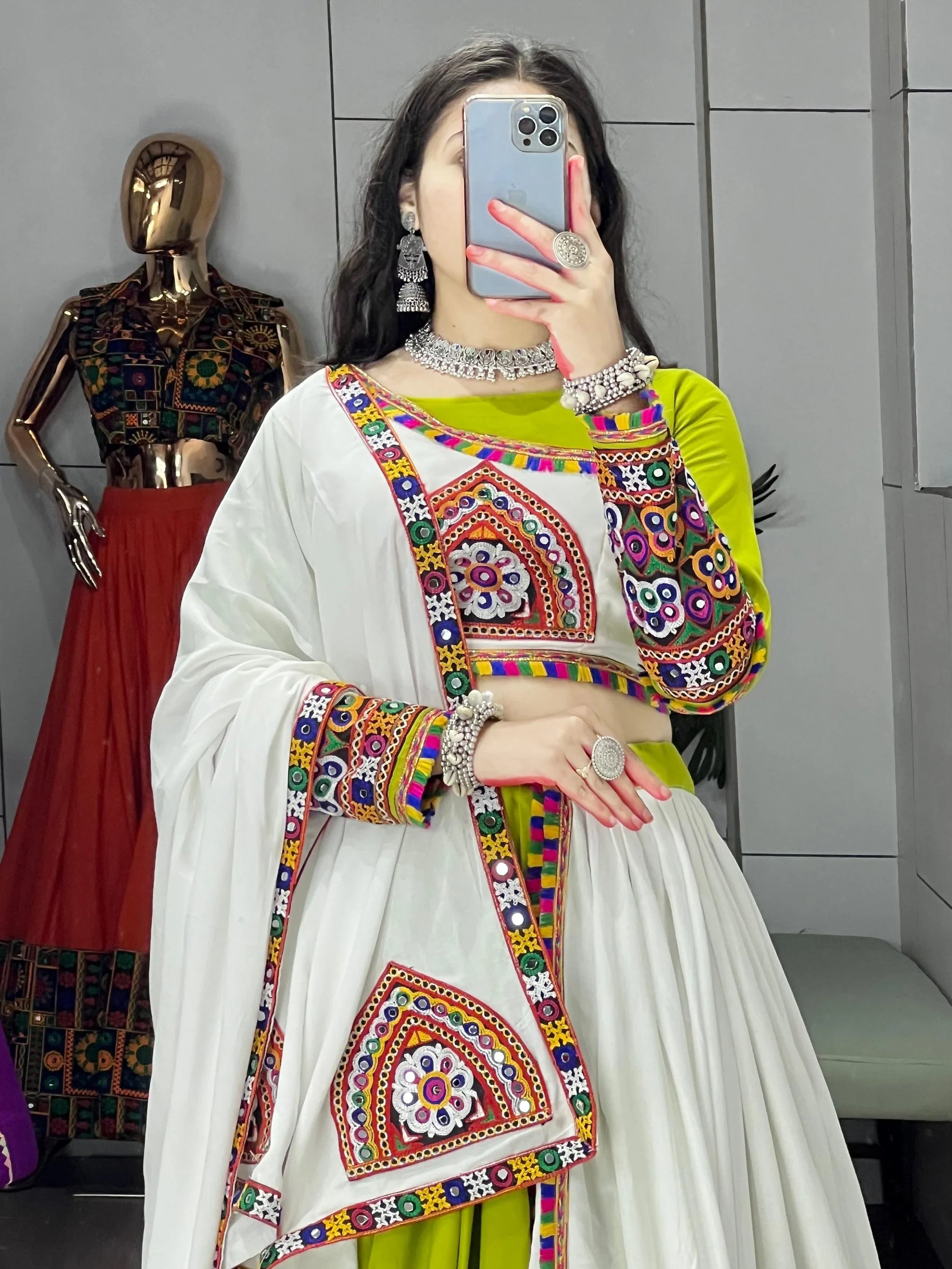 Stylish Parrot Green Gamthi Work Cotton Navratri Special Lehenga With Blouse - Zeel Clothing