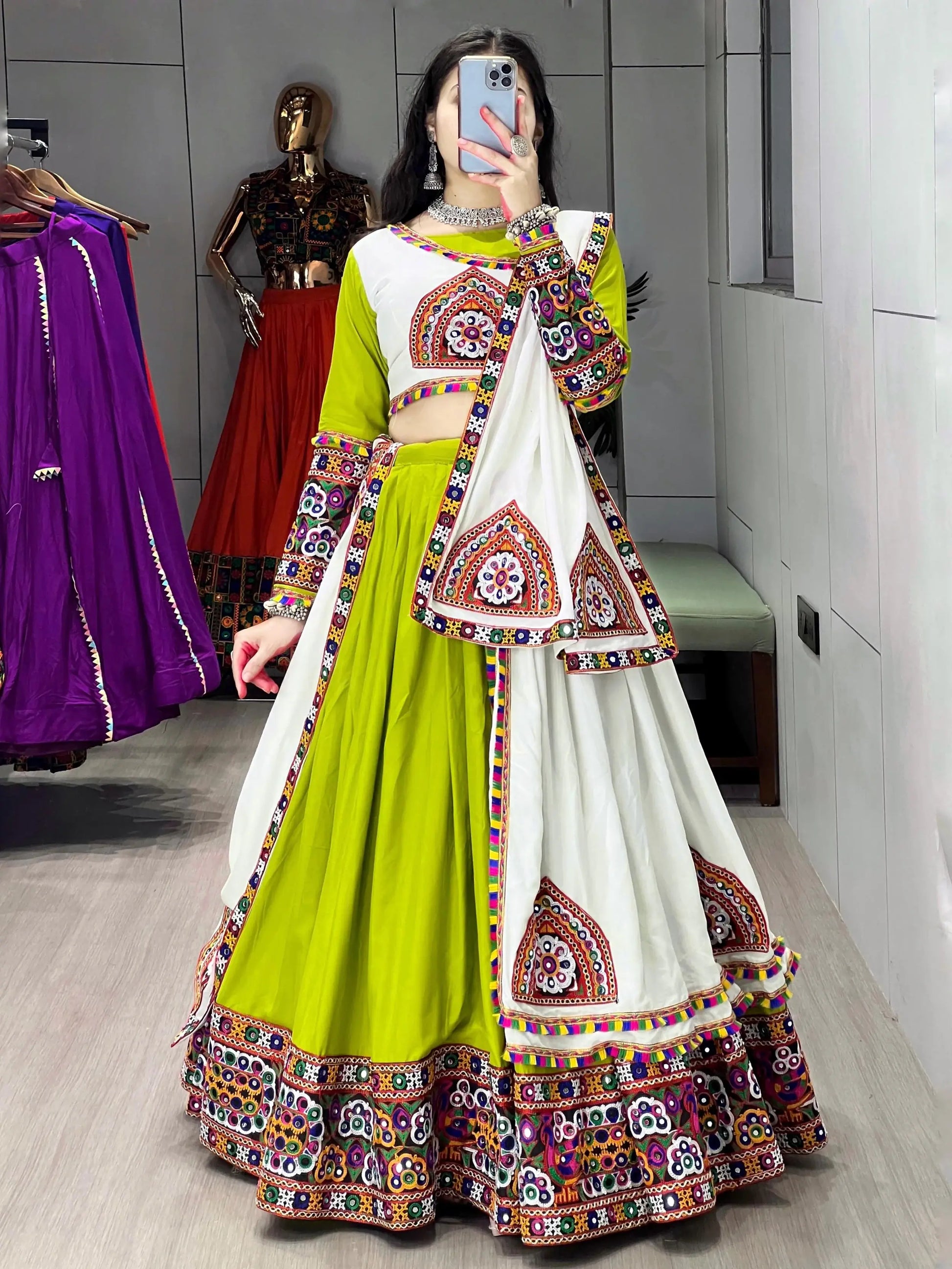 Stylish Parrot Green Gamthi Work Cotton Navratri Special Lehenga With Blouse - Zeel Clothing