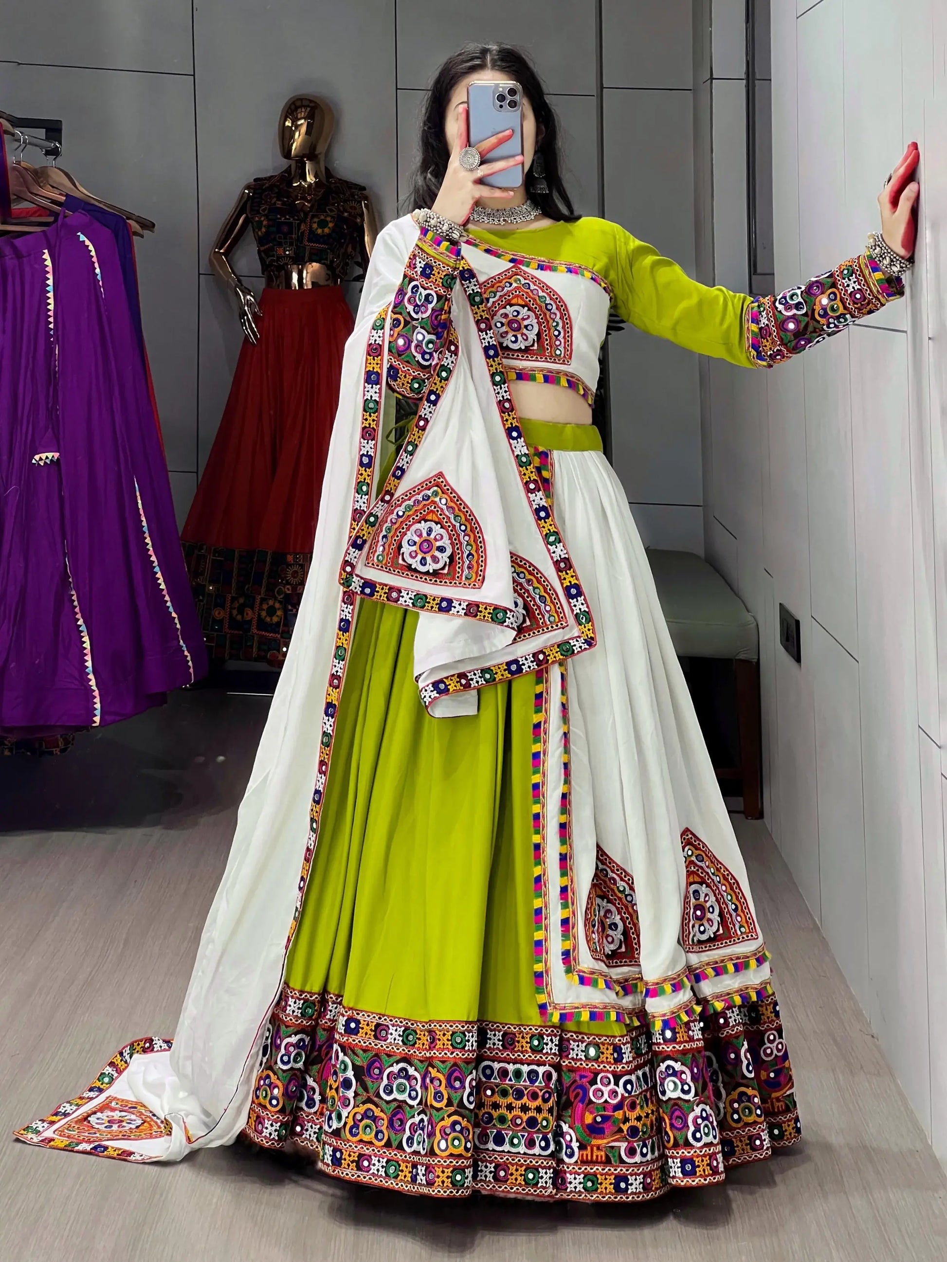 Stylish Parrot Green Gamthi Work Cotton Navratri Special Lehenga With Blouse - Zeel Clothing