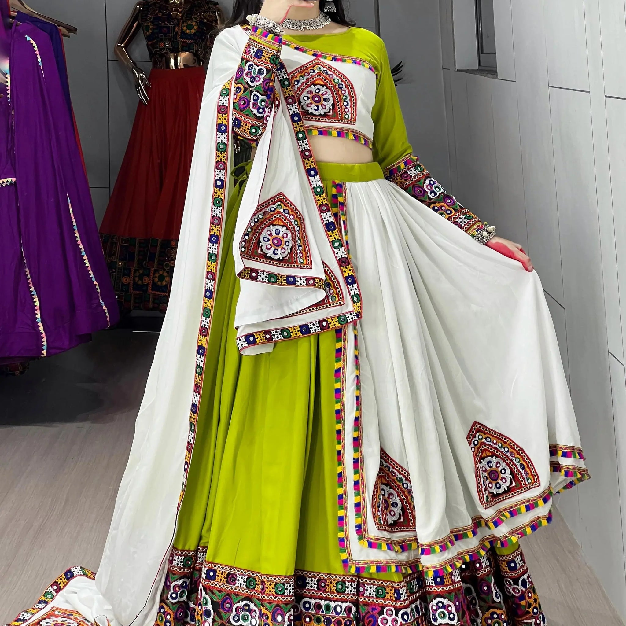 Stylish Parrot Green Gamthi Work Cotton Navratri Special Lehenga With Blouse - Zeel Clothing
