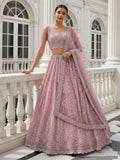 Stylish Powder Pink Thread Work Silk Bridesmaid Lehenga Choli With Dupatta