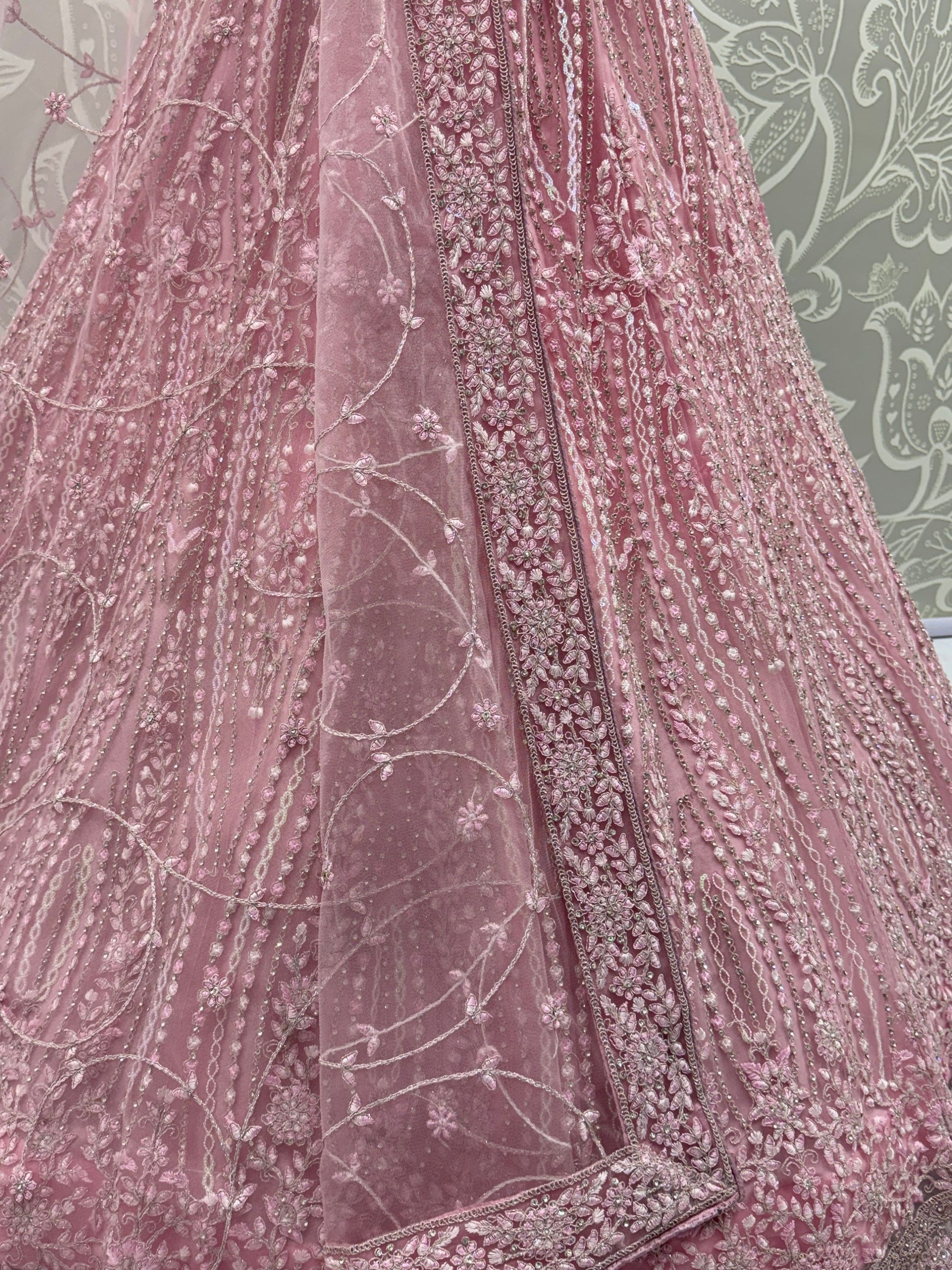 Stylish Powder Pink Thread Work Silk Bridesmaid Lehenga Choli With Dupatta
