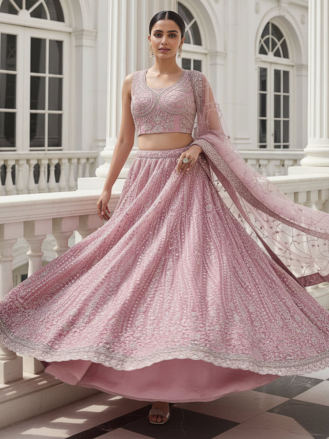 Stylish Powder Pink Thread Work Silk Bridesmaid Lehenga Choli With Dupatta