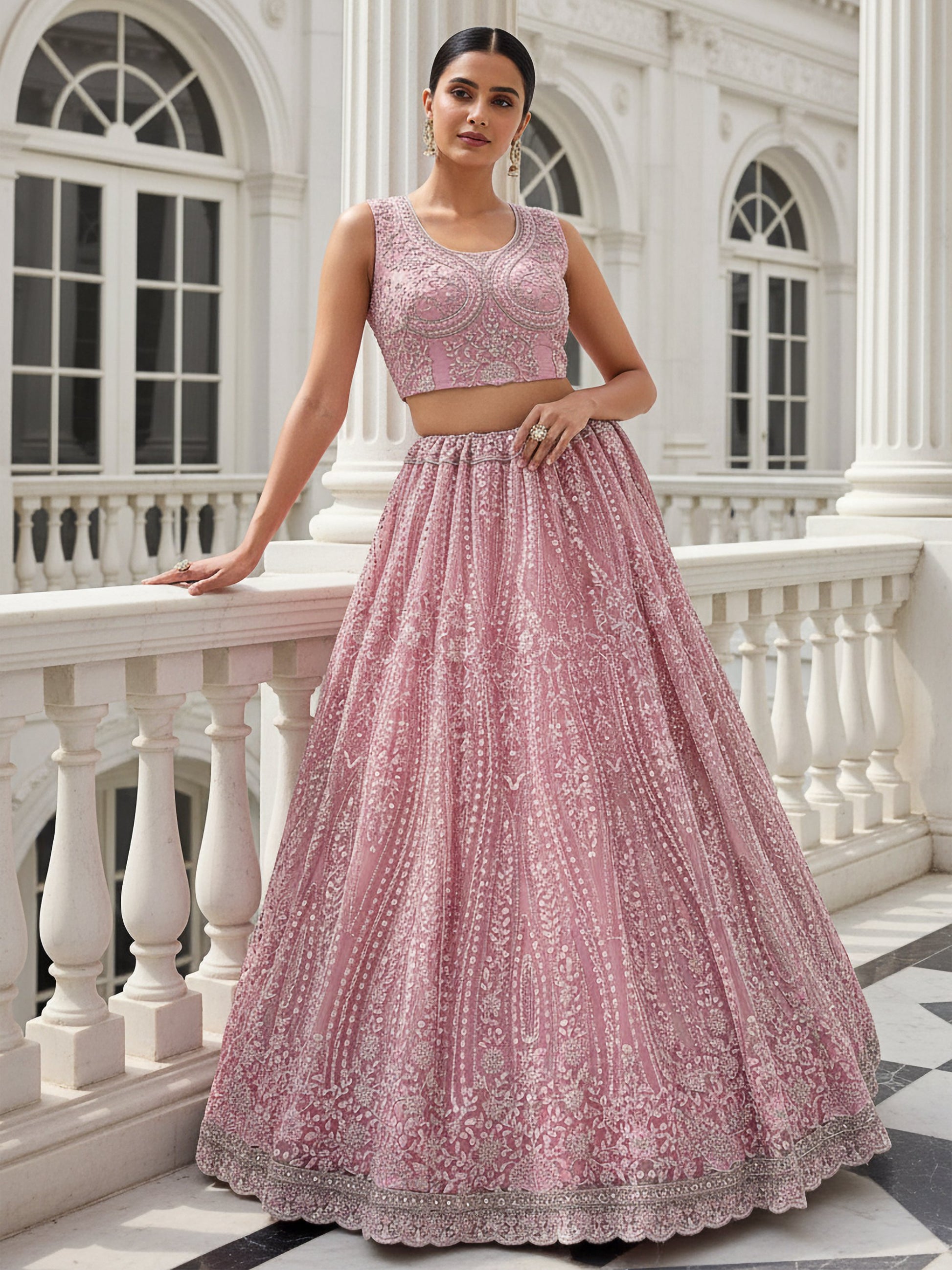 Stylish Powder Pink Thread Work Silk Bridesmaid Lehenga Choli With Dupatta