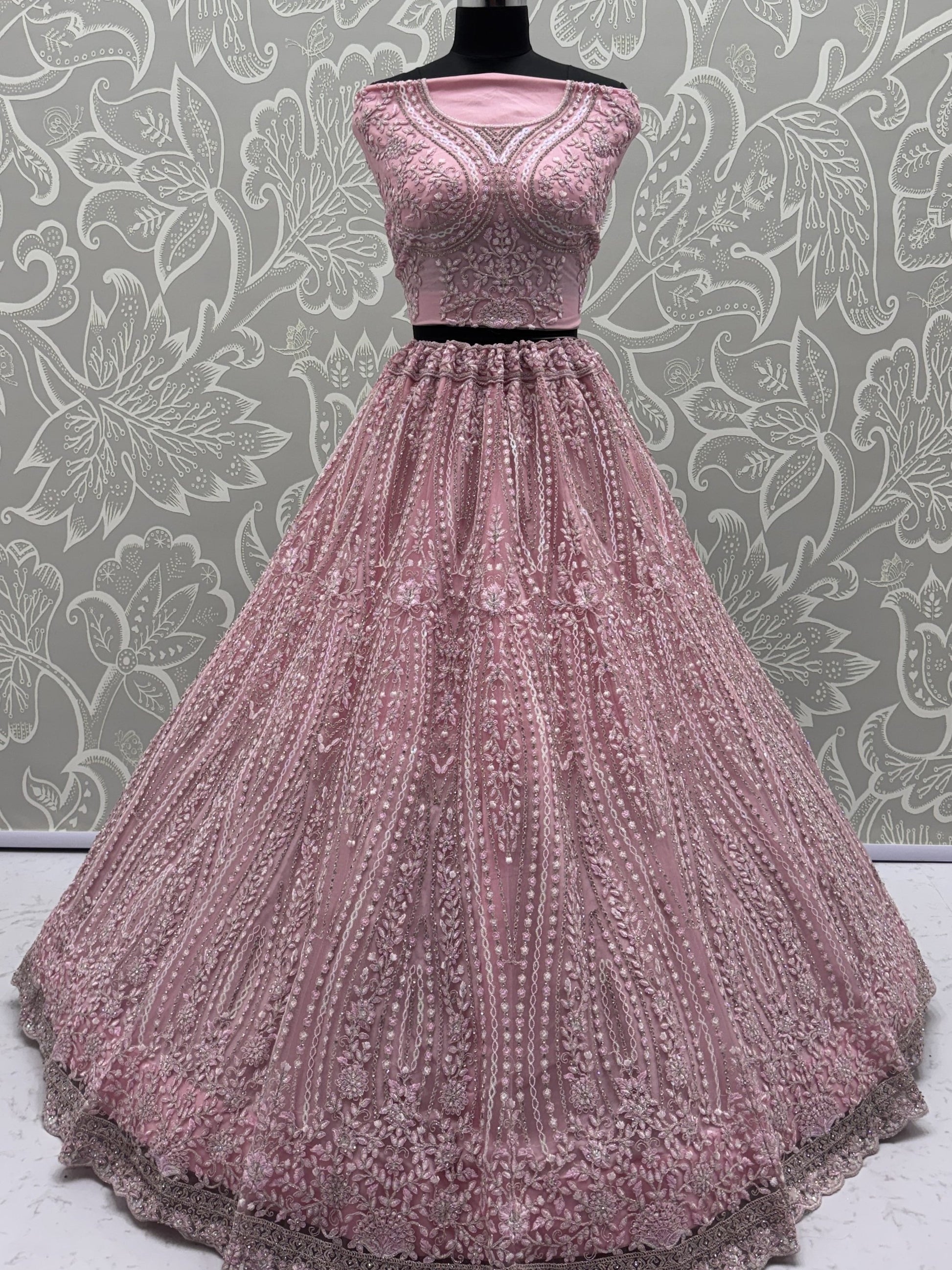 Stylish Powder Pink Thread Work Silk Bridesmaid Lehenga Choli With Dupatta