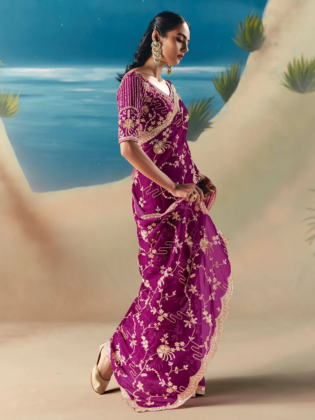 Stylish Purple Stone Work Georgette Reception Wear Saree With Blouse