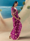 Stylish Purple Stone Work Georgette Reception Wear Saree With Blouse