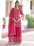Stylish Rani Pink Sequins Work Georgette Function Wear Sharara Suit With Dupatta