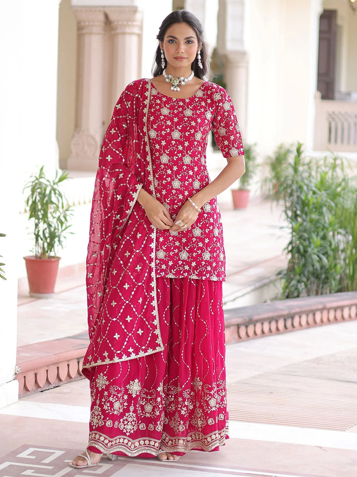 Stylish Rani Pink Sequins Work Georgette Function Wear Sharara Suit With Dupatta