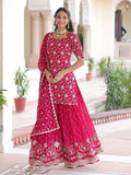Stylish Rani Pink Sequins Work Georgette Function Wear Sharara Suit With Dupatta