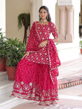 Stylish Rani Pink Sequins Work Georgette Function Wear Sharara Suit With Dupatta