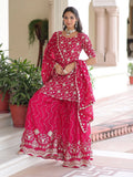 Stylish Rani Pink Sequins Work Georgette Function Wear Sharara Suit With Dupatta