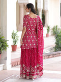 Stylish Rani Pink Sequins Work Georgette Function Wear Sharara Suit With Dupatta