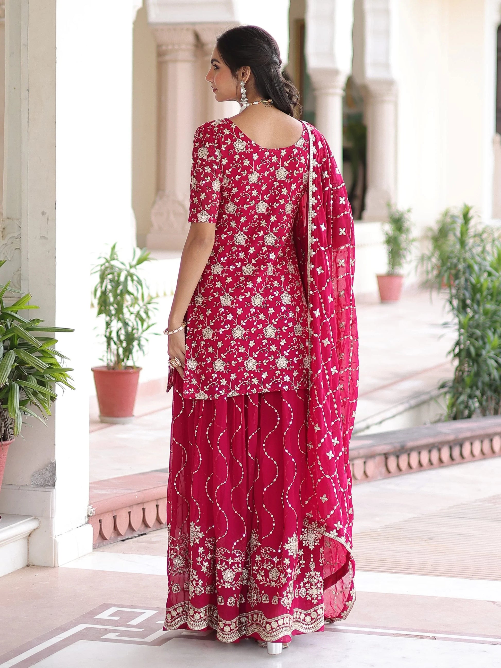 Stylish Rani Pink Sequins Work Georgette Function Wear Sharara Suit With Dupatta