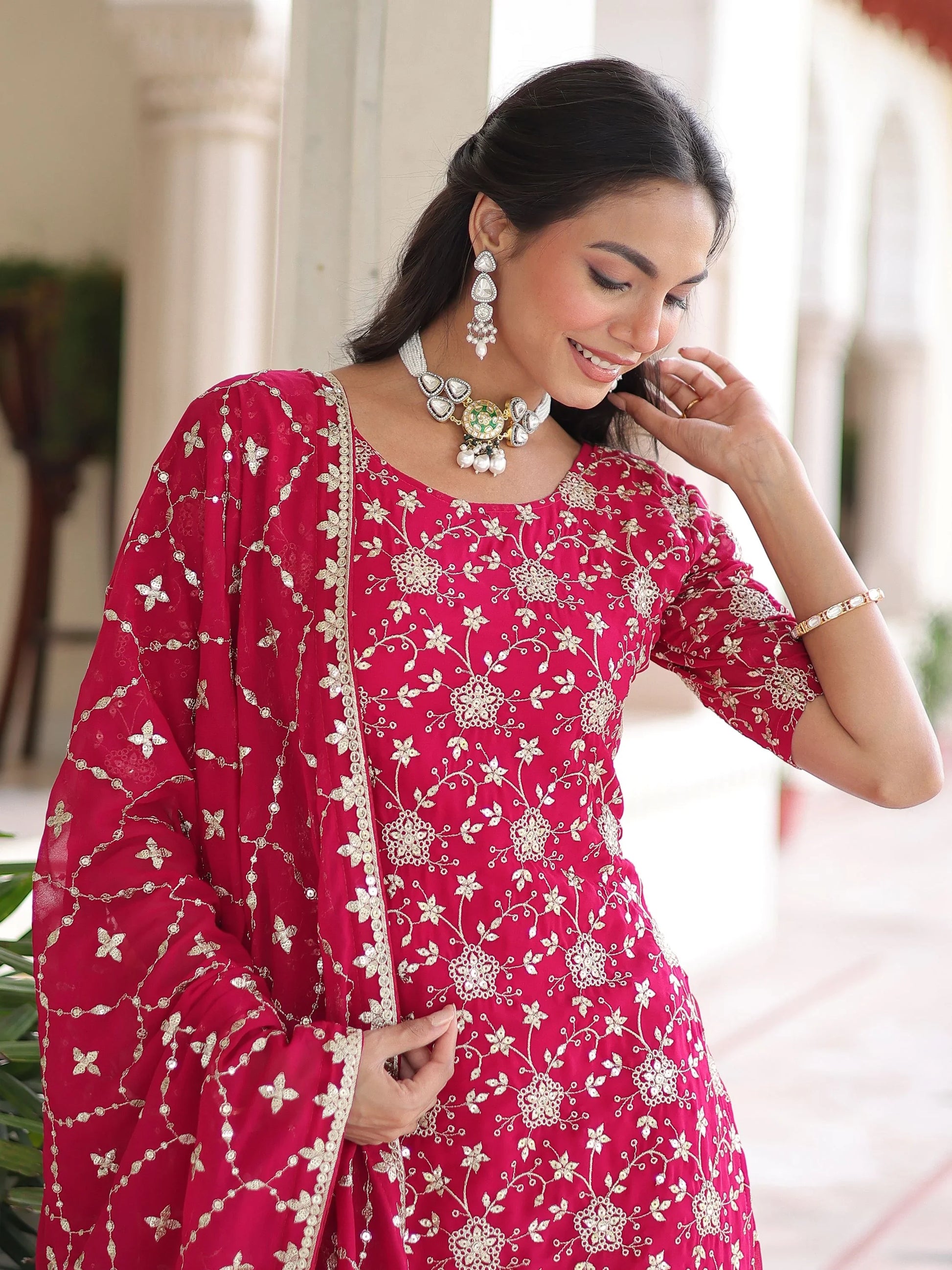 Stylish Rani Pink Sequins Work Georgette Function Wear Sharara Suit With Dupatta
