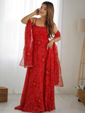 Stylish Red Bandhej Print Chiffon Festive Wear Anarkali Gown With Dupatta