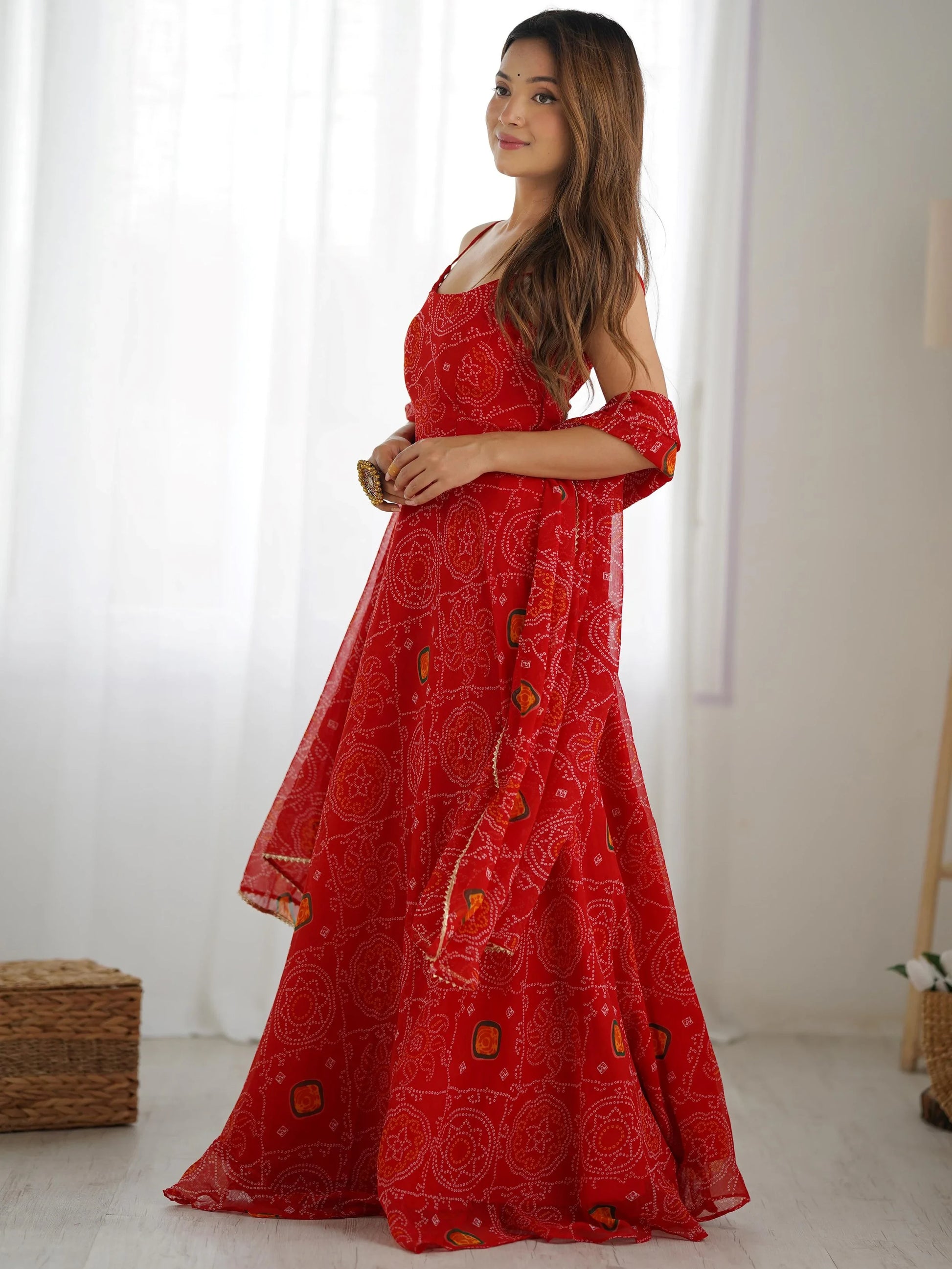 Stylish Red Bandhej Print Chiffon Festive Wear Anarkali Gown With Dupatta